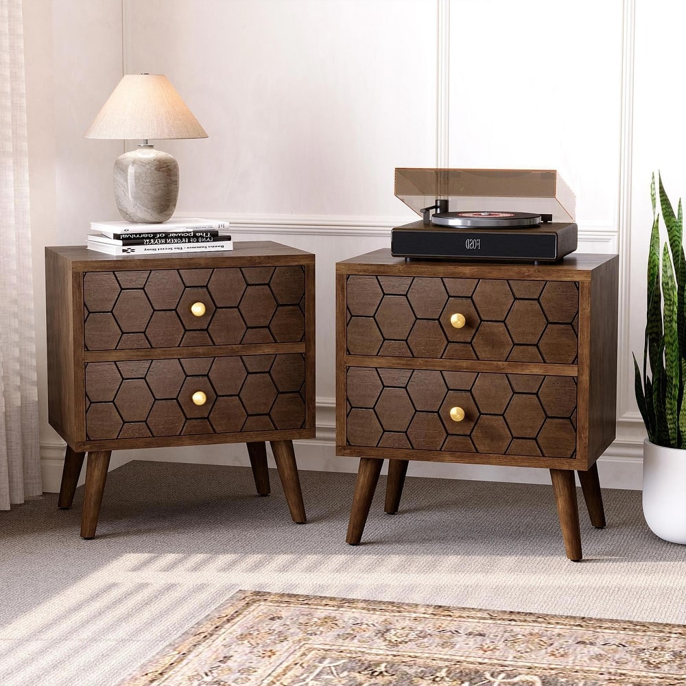 COSIEST Mid-Century Honeycomb 4 Legs End Table with Drawers