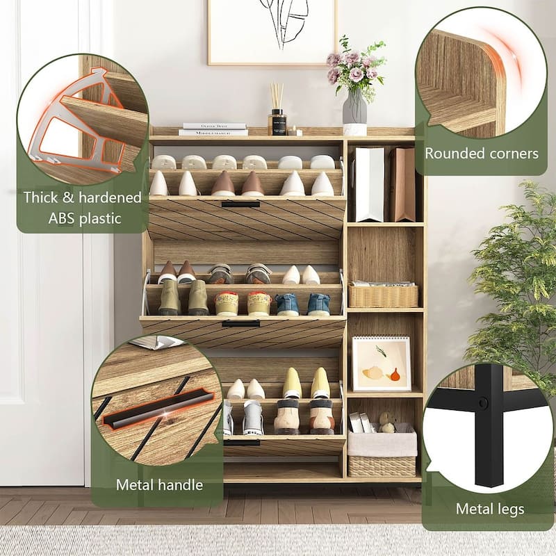 35.43" Shoe Organizer with Open Shelves with 3 Flip Drawers