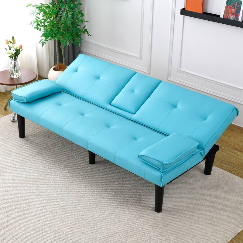 Convertible Loveseat Couch Adjustable Faux Leather Sleeper Sofa Bed with Coffee Table, Cup Holders and Removable Pillow Armrests