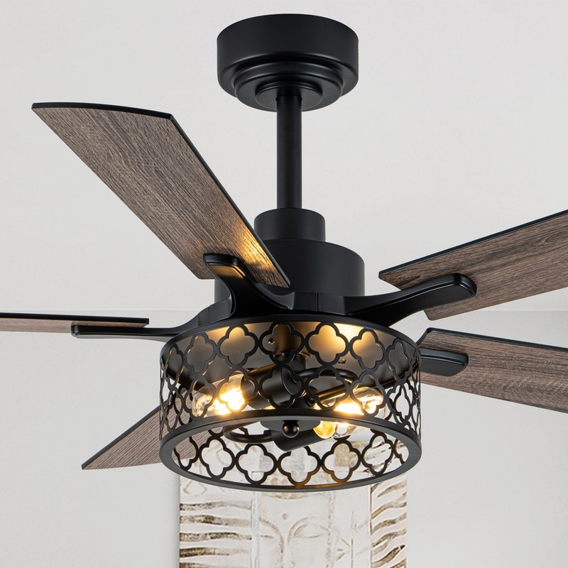 46'' Farmhouse Black Caged Ceiling Fan with Lights and Remote Control, Industrial 6 Speeds Reversible Ceiling Fan for Patio