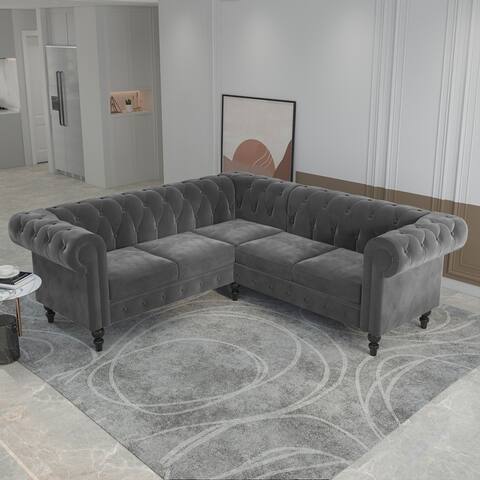 Tufted Velvet Upholstered Rolled Arm Classic Chesterfield L Shaped Sectional Sofa