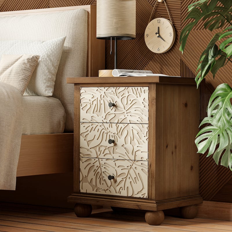 COZAYH Rustic Farmhouse 3-Drawer Nightstand with Leaves Pattern Carved, Vintage French Country Dresser Chest Accent Cabinet