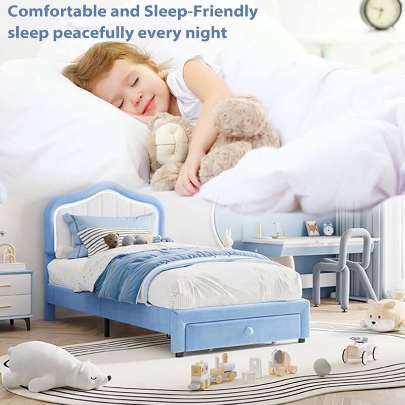 Twin Upholstered Platform Bed Frame with LED Lights & Storage Drawer, Easy Assembly