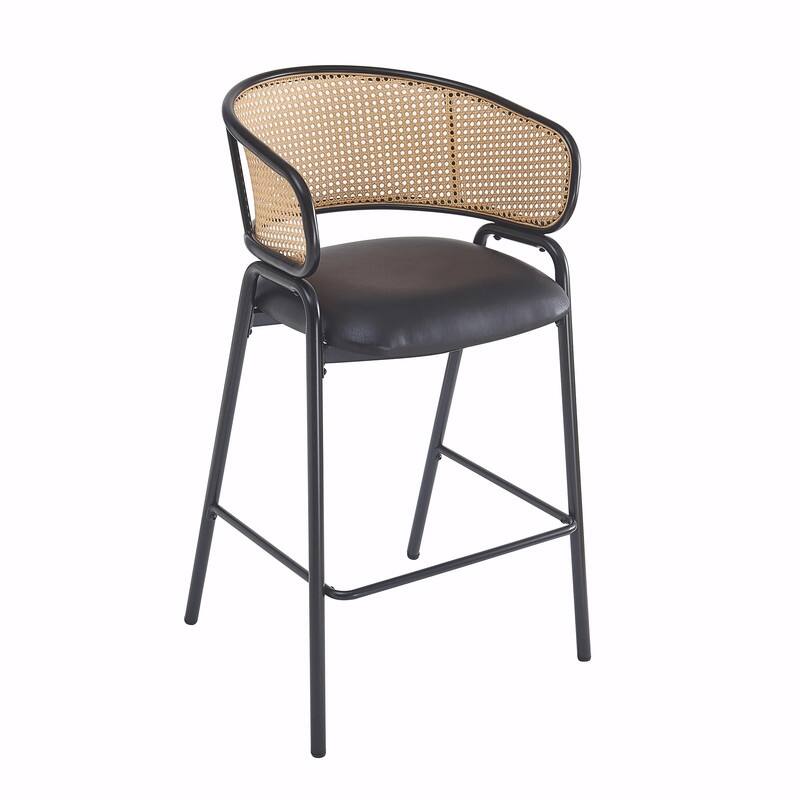 Ethan Upholstered Metal Bar Stools with Faux Leather Seat and Rattan Back, Set of 2