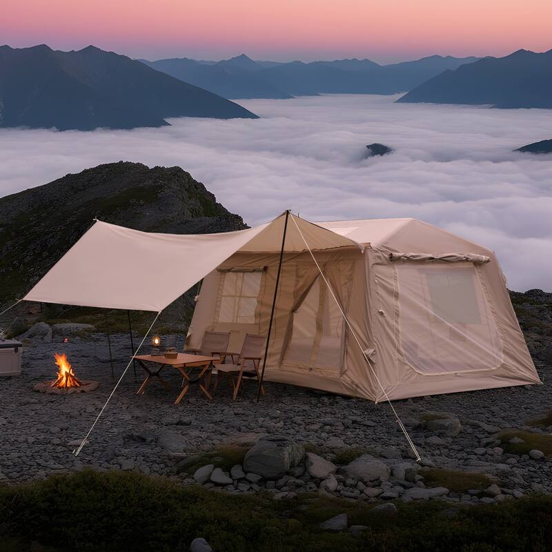 11 m ² Inflatable Tents for Camping, Blow Up Tent with Hand Pump, Easy Setup InflatableTent 4 Season Tent with Canopy - Beige