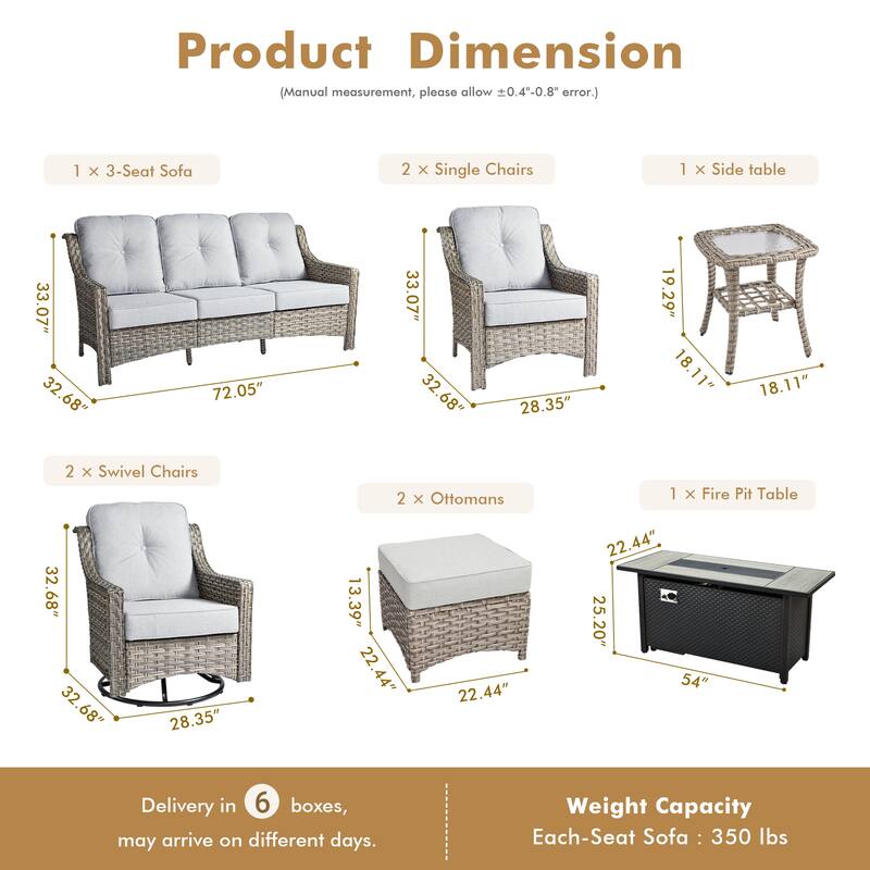 HOOOWOOO 9-piece Rattan Outdoor High Backrest Swivel Chair Set with 54"Fire Pit