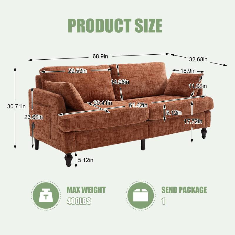 Modern Style Chenille 2-Seater Wood-Legged Sofa With Led Light, Usb Charging Port And Storage Bag Living Room Bedroom Study Room
