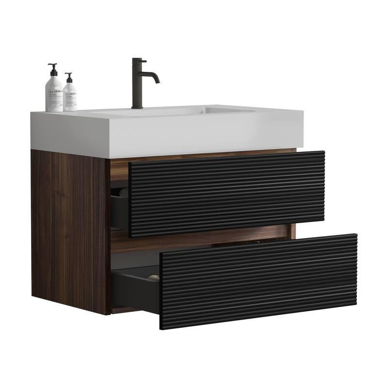 30" Bathroom Vanity with Sink Engineered Quartz Sink and Soft Black Drawers, Wall Mounted Floating Bathroom Vanity