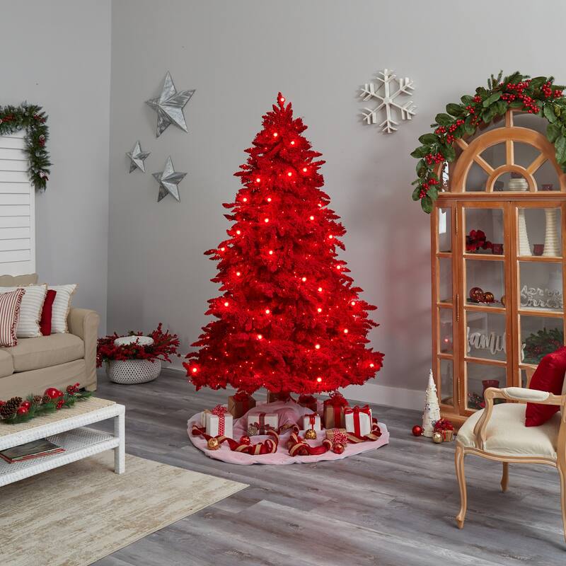 8ft. Red Flocked Fir Artificial Christmas Tree with 700 Red Lights, 45 Globe Bulbs & 1468 Branches - Bold X-Mas Statement Tree