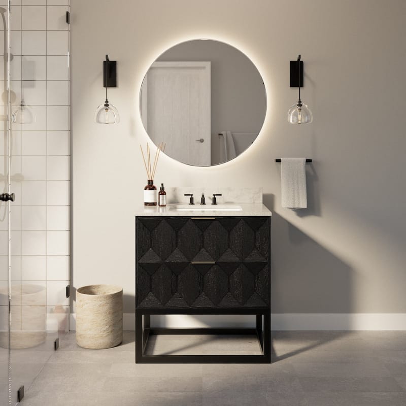 KitchenBathCollection Henley 30" Bathroom Vanity with Carrara Marble Top - Dark Oak