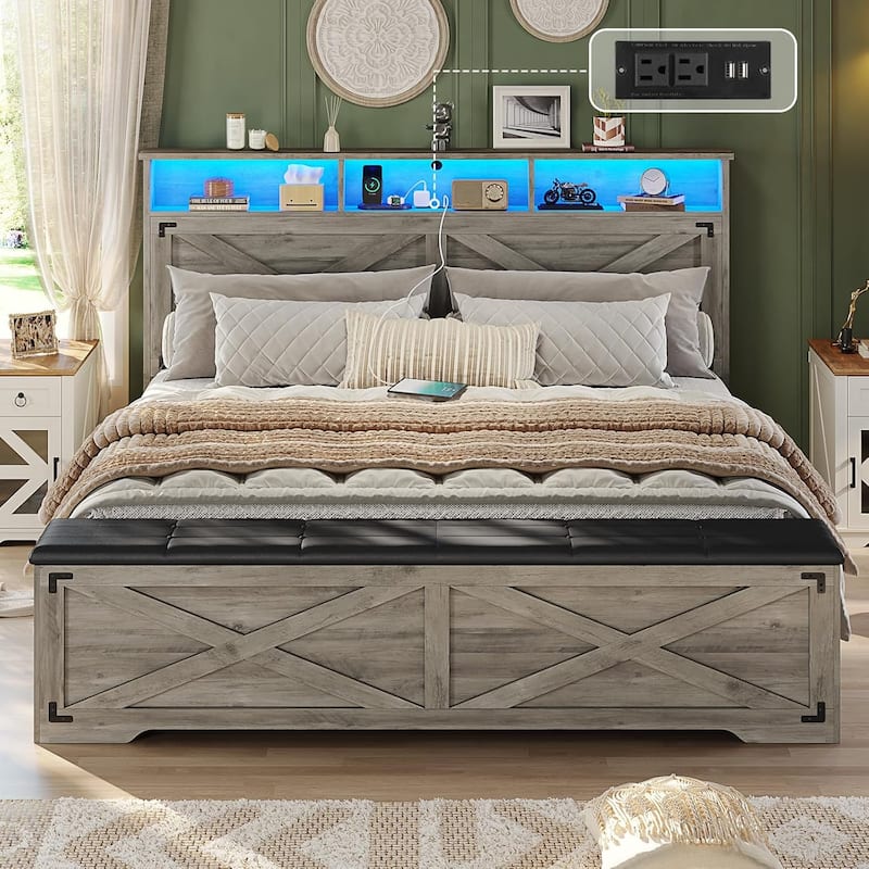 Bed Frame with Storage Ottoman Charging Station and Led Light