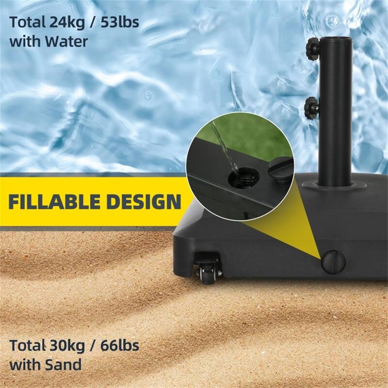 Heavy Duty Outdoor Umbrella Base with Wheels Water or Sand Fillable Fits 1.5 to 1.9 Inch Poles - 19.5" L x 19.5" W x 14" H