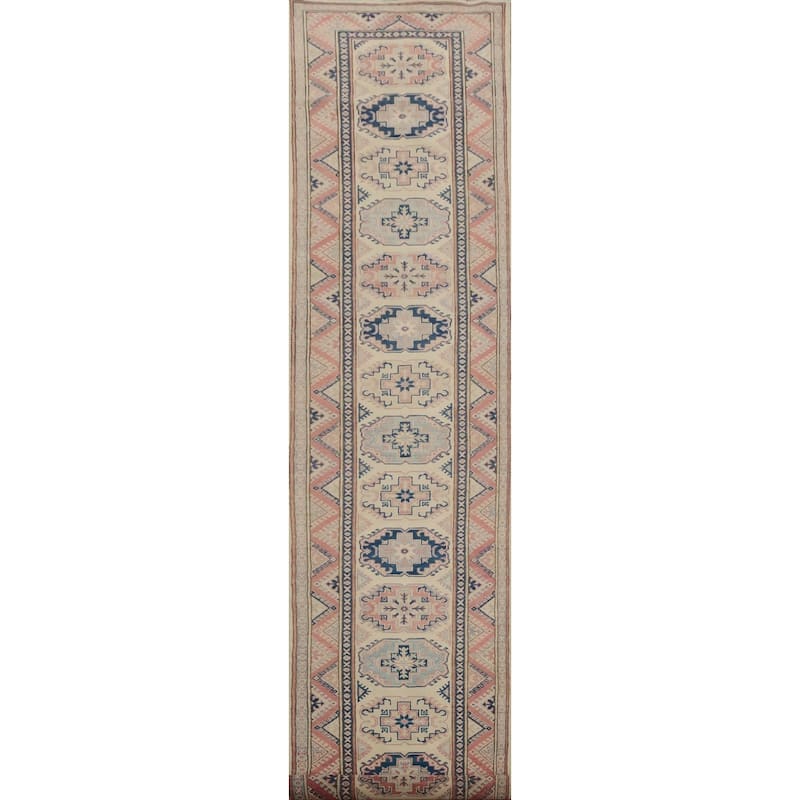 Hand Knotted Oriental 100% Wool Carpet Traditional Geometric Beige & Ivories Kazak Runner Rug - 16' 4'' X 2' 11''