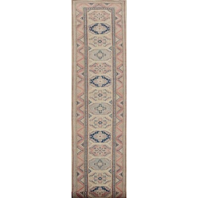 Hand Knotted Oriental 100% Wool Carpet Traditional Geometric Beige & Ivories Kazak Runner Rug - 16' 4'' X 2' 11''