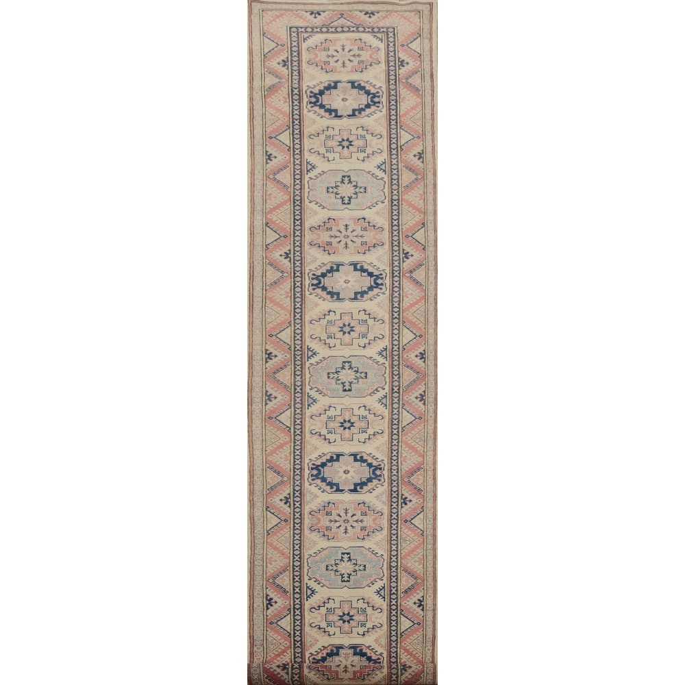 Hand Knotted Oriental 100% Wool Carpet Traditional Geometric Beige & Ivories Kazak Runner Rug - 16' 4'' X 2' 11''