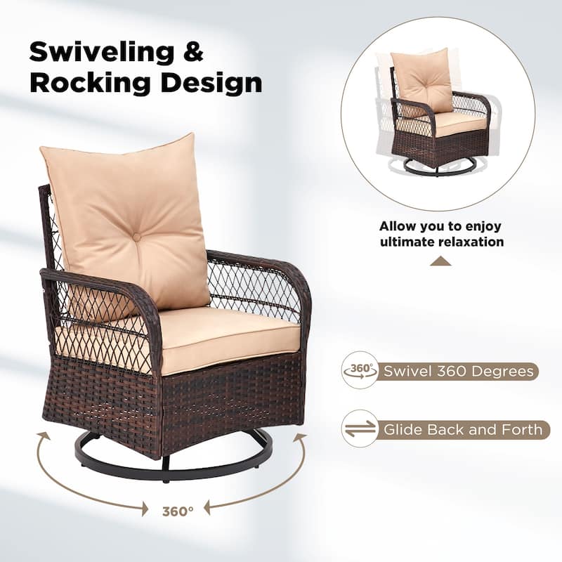3-Piece Outdoor Rocking/Swivel Chair Set - PE Rattan Patio Furniture with Cushions & Coffee Table, Rocker Chairs for Backyard