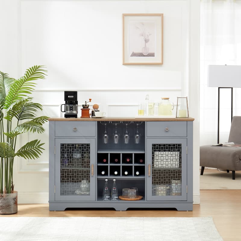 Modern Farmhouse Buffet Cabinet, Sideboard with 2 Drawers and Elegant Glass Door Cabinets, Wine and Glass Rack, Coffee Bar - Light Blue