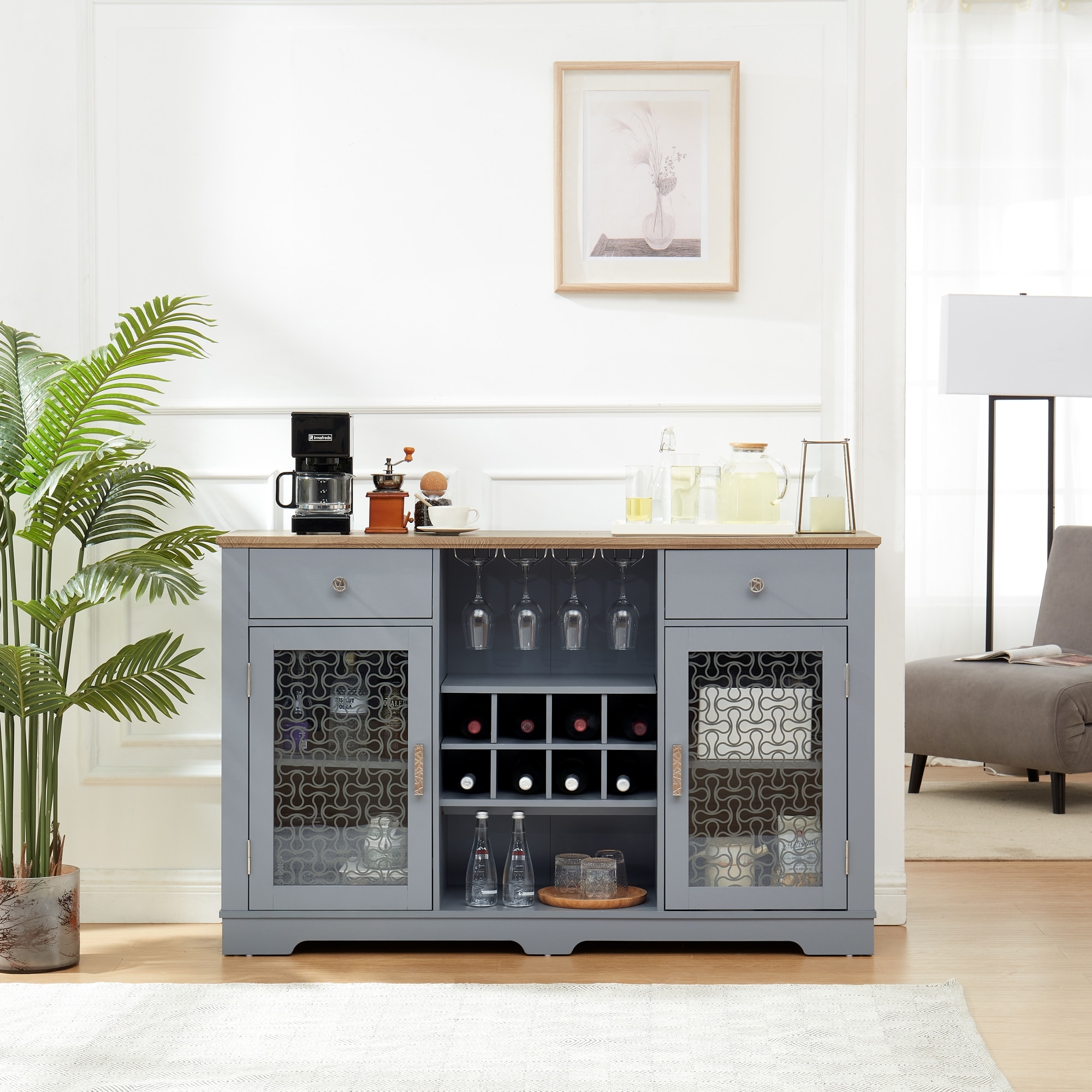 Modern Farmhouse Buffet Cabinet with Glass Doors & Wine Rack, Light Blue