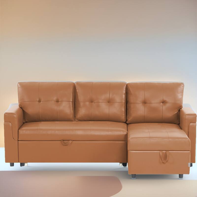 Reversible Sectional Sleeper Sofa with Storage Chaise & Pull-Out Bed - Caramel,Air Leather