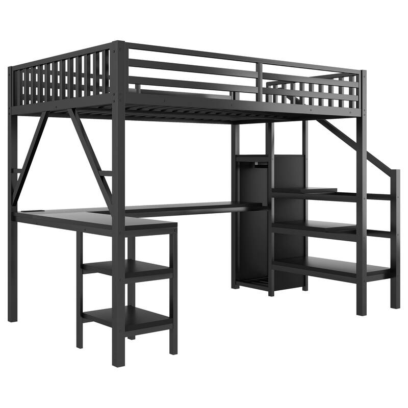Metal Full Loft Bed with Wardrobe and LED Light, Full Size Loft Bed with L Shaped Desk and USB for Kids Teens Adults