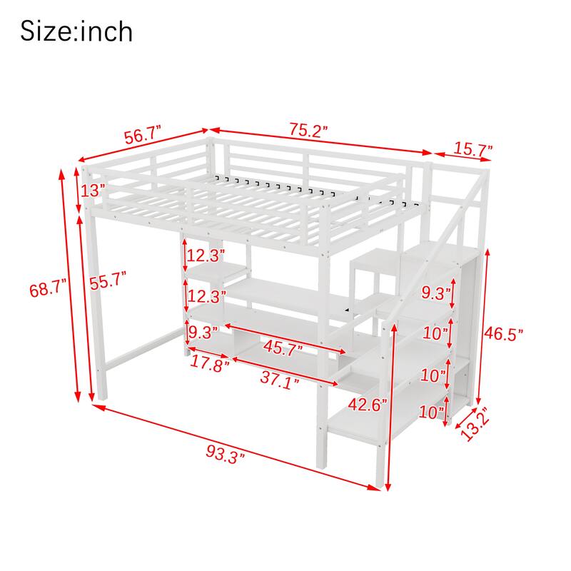 Full Size Metal High Loft Bed Frame with TV Stand & LED, Staircase, Wardrobe and Safety Guardrails
