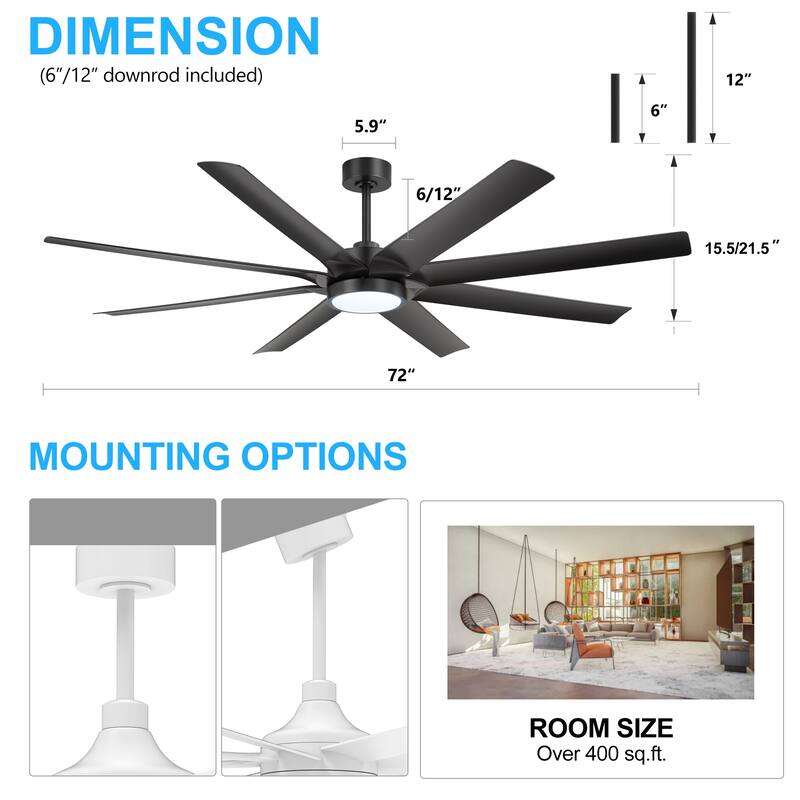 72-inch Large LED Ceiling Fan with Light and Remote(8-Blades)
