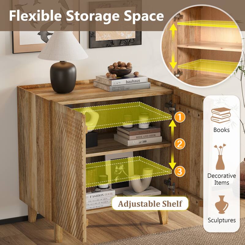Wood Accent Cabinet with Storage, Rustic Mango Wood Storage Cabinet with Fluted Design and Adjustable Shelf for Dining R