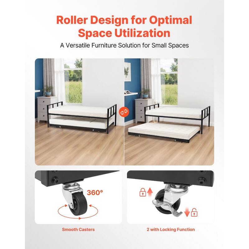 Twin Daybed Frame with Trundle and Metal Slats for Guest Rooms
