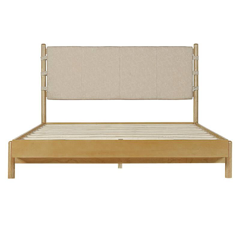 Queen Size Rubber Wood Platform Bed with Mid-Century Headboard and 500lb Capacity