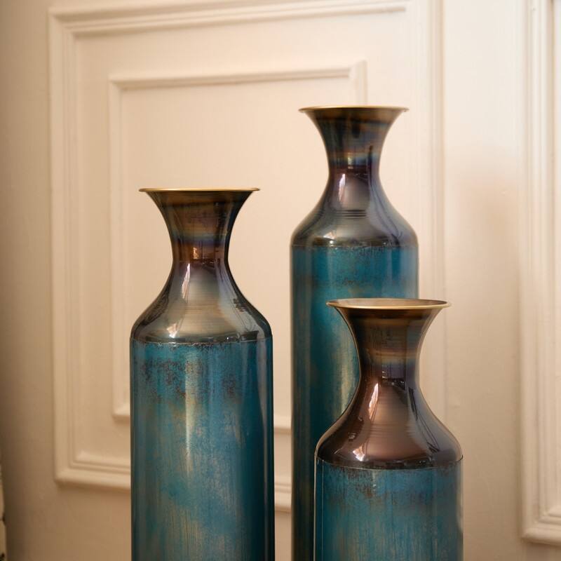 Large White Droplet-Shaped Glazed Metal Floor Vase Set (3-Piece) ，Modern Home Decor for Living Room, Entryway & Office