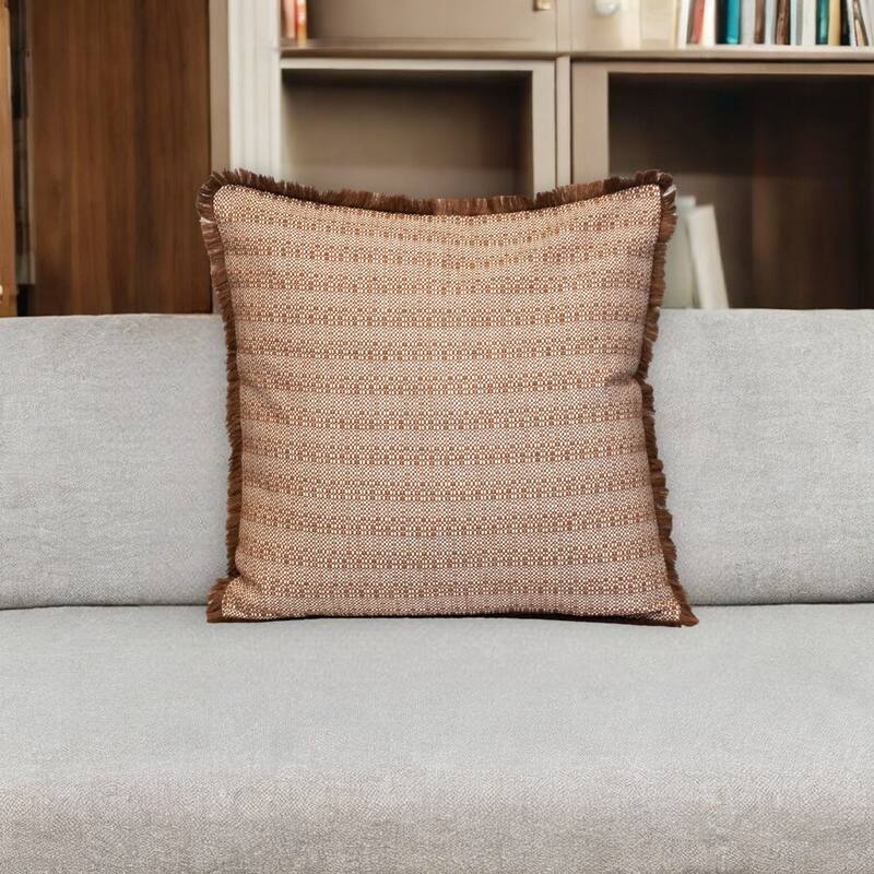 HomeRoots 24" Brown and White Striped Cotton Throw Pillow With Fringe - Accent - Polyester