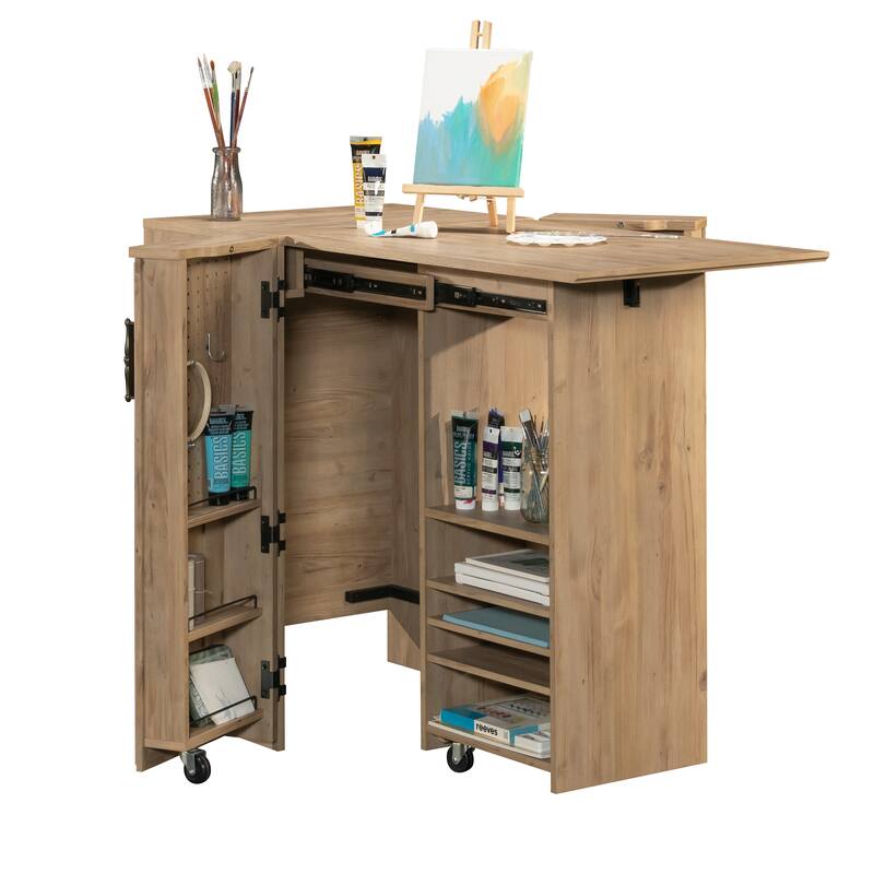 Engineered Wood Transitional Craft Station with Adjustable and Fixed Shelves, Brown - 23.47" W × 22.36" D × 35.98" H