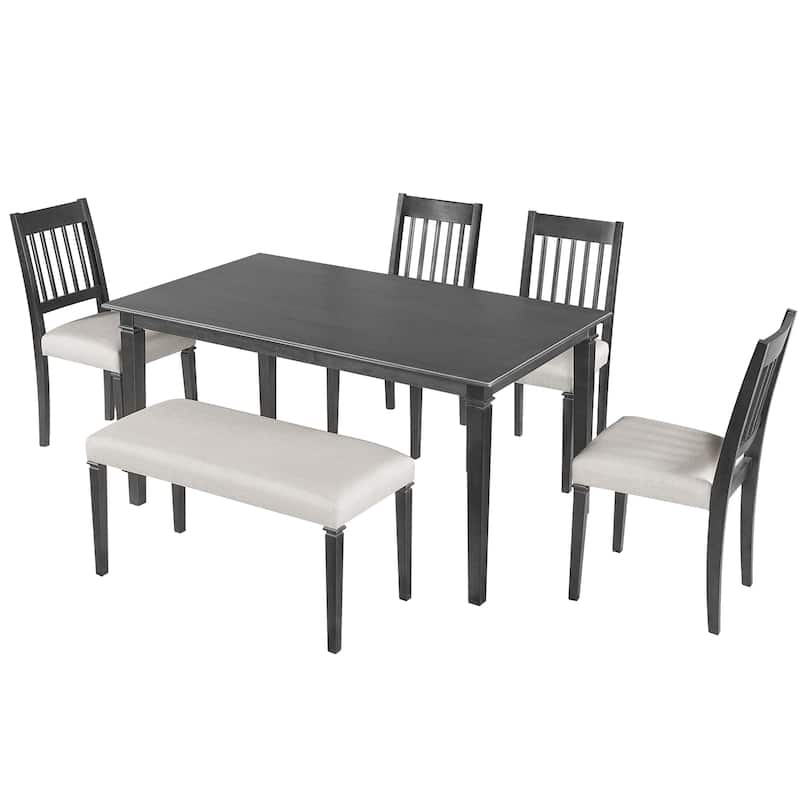 6-Piece Farmhouse Dining Table Set with Rectangular Wood Table, 4 Chairs & Bench, Kitchen Dining Room Table Set for 6