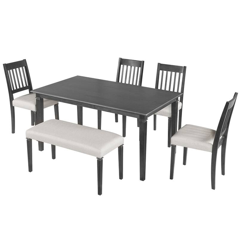 Roomfitters 6-Piece Retro Dining Room Set, Wooden Rectangular Table with 4 Upholstered Chairs and Bench, Space Saving