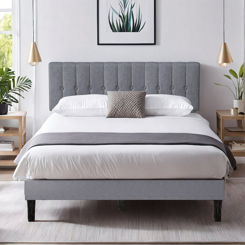 Twin Bed Frame Upholstered Platform with Headboard and Strong Wooden Slats,No Box Spring Needed, Easy Assembly