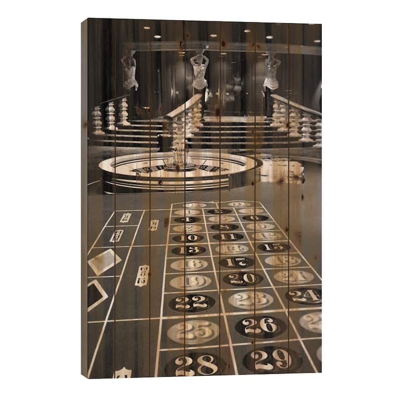 1960s Casino Viewed From End Of Roulette Table Opposite Of Wheel Looking Toward Statues Print On Wood by Vintage Images - 26x18x1.5