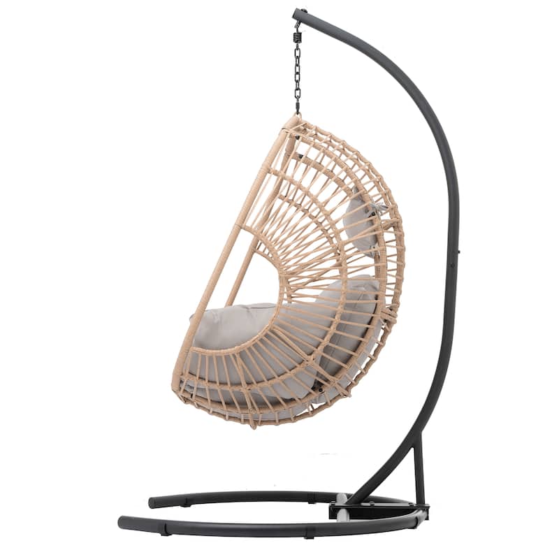 Wicker Swing Egg Chair - Indoor/Outdoor Hanging Chair with Beige Cushion and Stable Base (Handwoven PE Rattan Design)