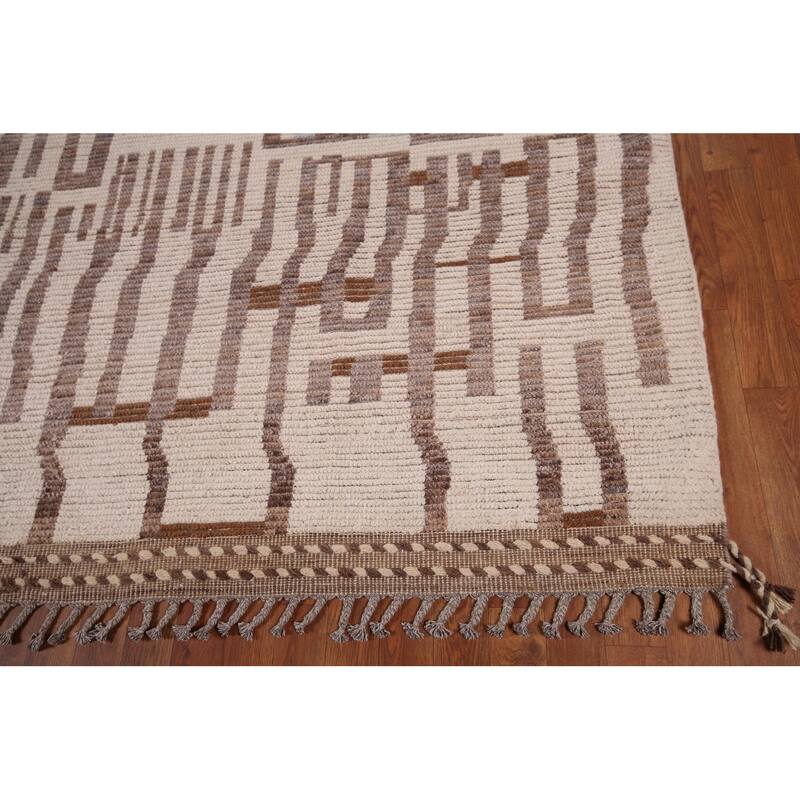 Earth Tone Moroccan Modern Area Rug Hand-Knotted Stripe Wool Carpet - 8'9" x 12'4"
