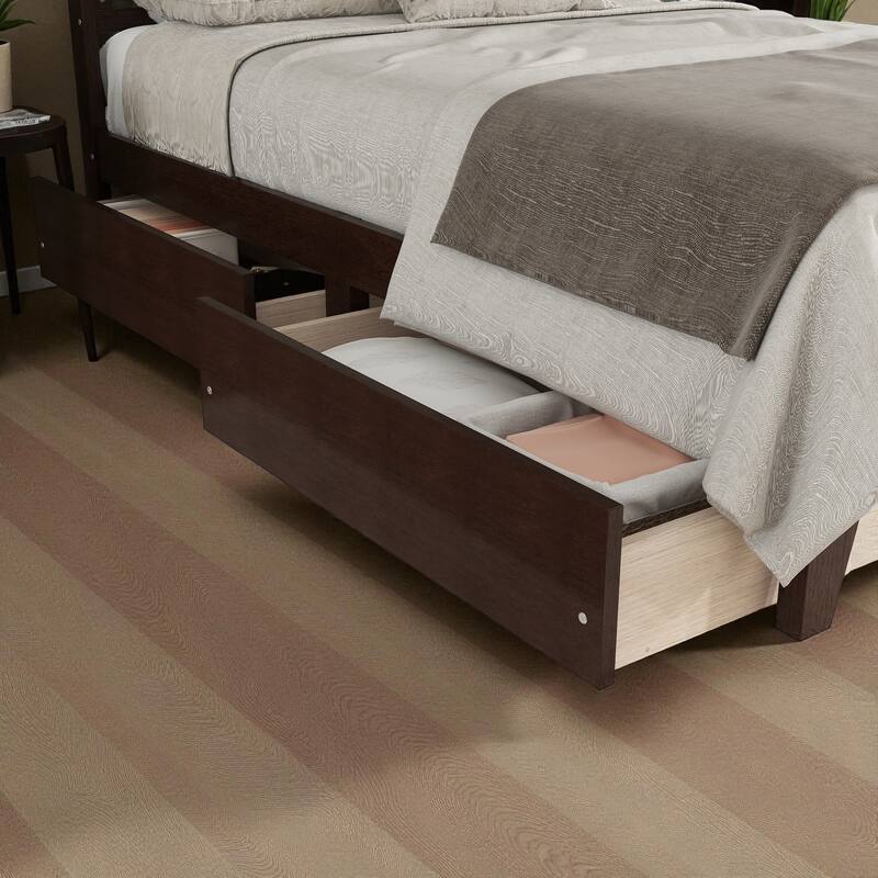 Full/King Size Rubber Wood Bed with Rattan Headboard and 2 Storage Drawers, Solid Frame with Reinforced Support Slats and Feet