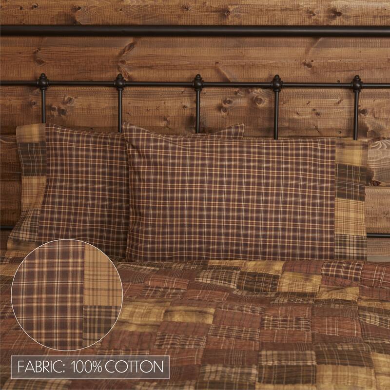 Brown Rustic Bedding VHC Prescott Block Border Pillow Case Set of 2 Cotton Plaid Patchwork