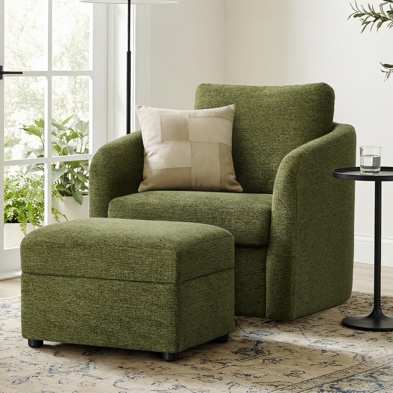 Spruce & Spring Modern Upholstered Swivel Barrel Accent Chair with Ottoman & Removable Slipcover - Chair with Ottoman - Green