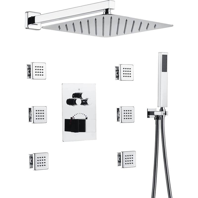 12" In Wall Rainfall 3 Way Thermostatic Faucet Shower System w/ 6 Body Jets - Chrome