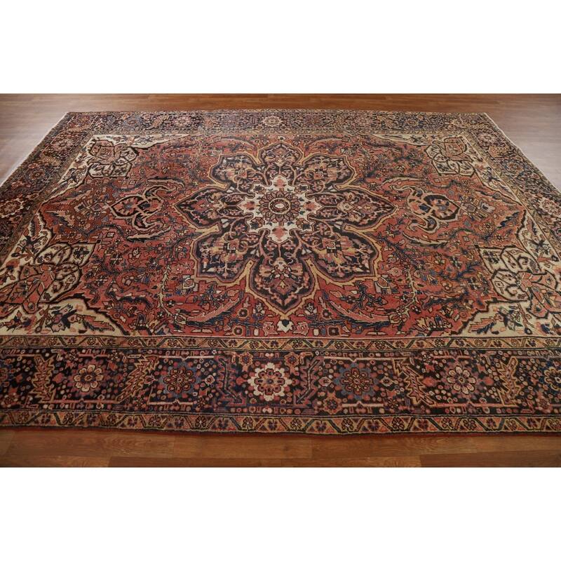 Hand Knotted Oriental 100% Wool Carpet Traditional Floral Red Heriz Area Rug - 11' 2'' X 8' 2''