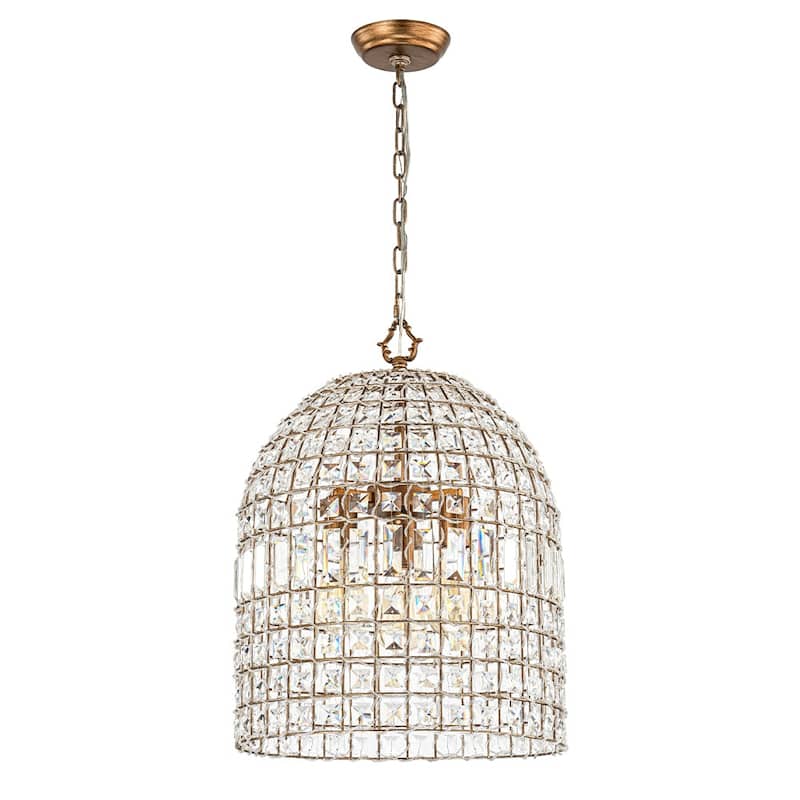 Vintage Glam Crystal Bird Cage Lantern Chandelier - Distressed Brass