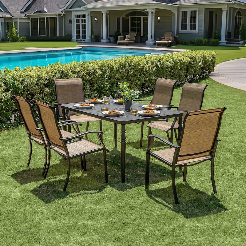 Patio 7-Piece Dining Set with Umbrella Hole, Black and Brown