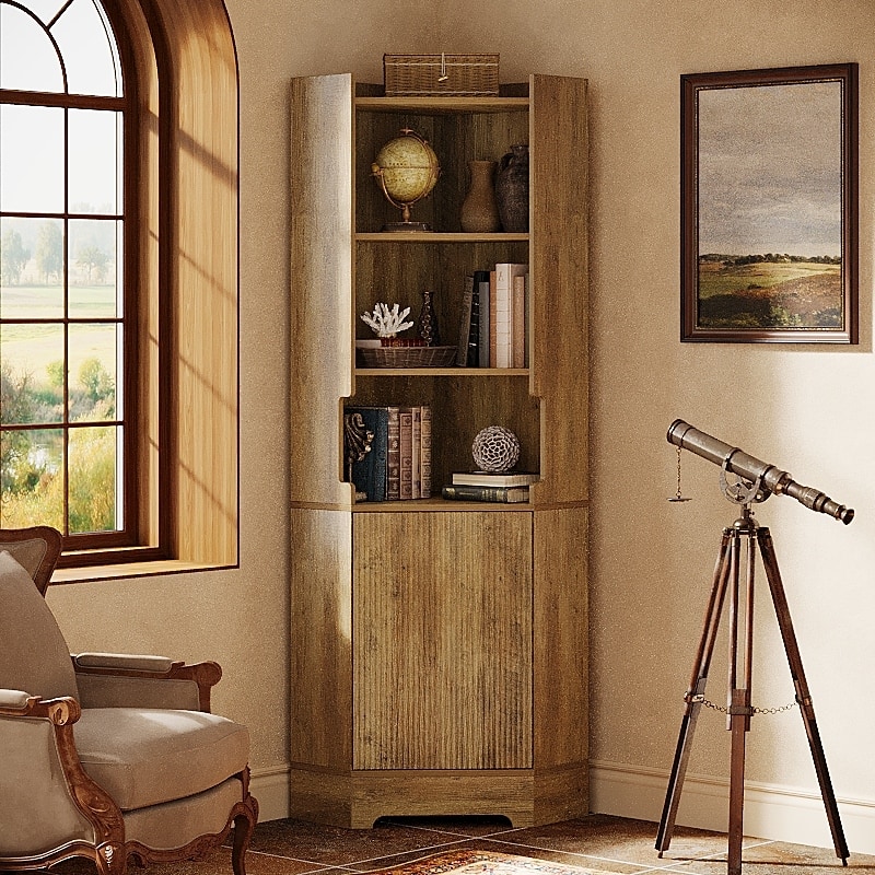 Corner Storage Cabinet with 4 Open Shelves and Cabinet - Brown