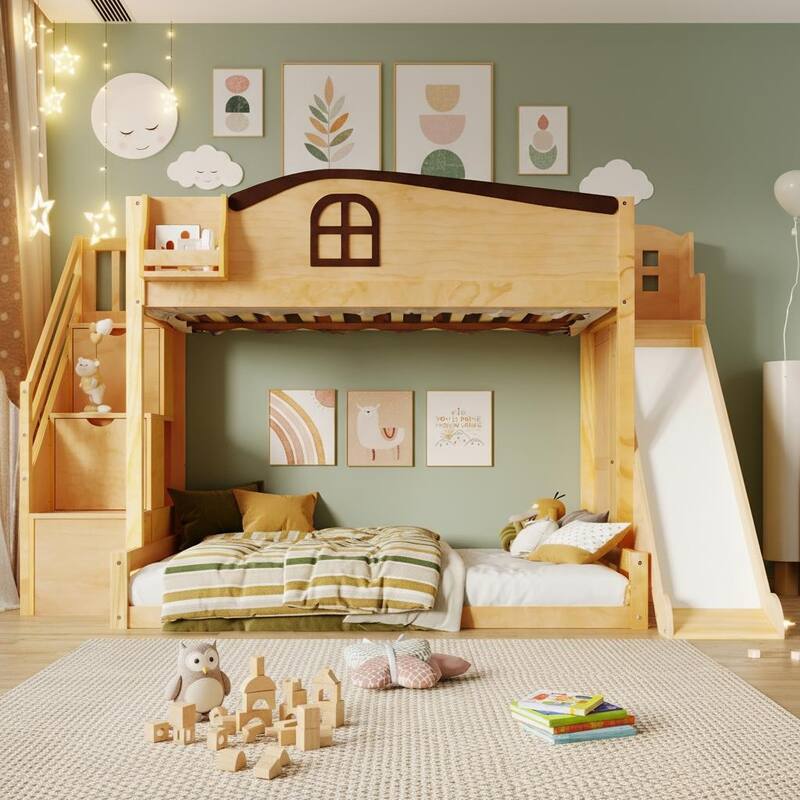 Playhouse-Inspired Twin over Full Bunk Bed with Slide, Storage Staircase & Wardrobe by Harper&Bright Designs - Natural