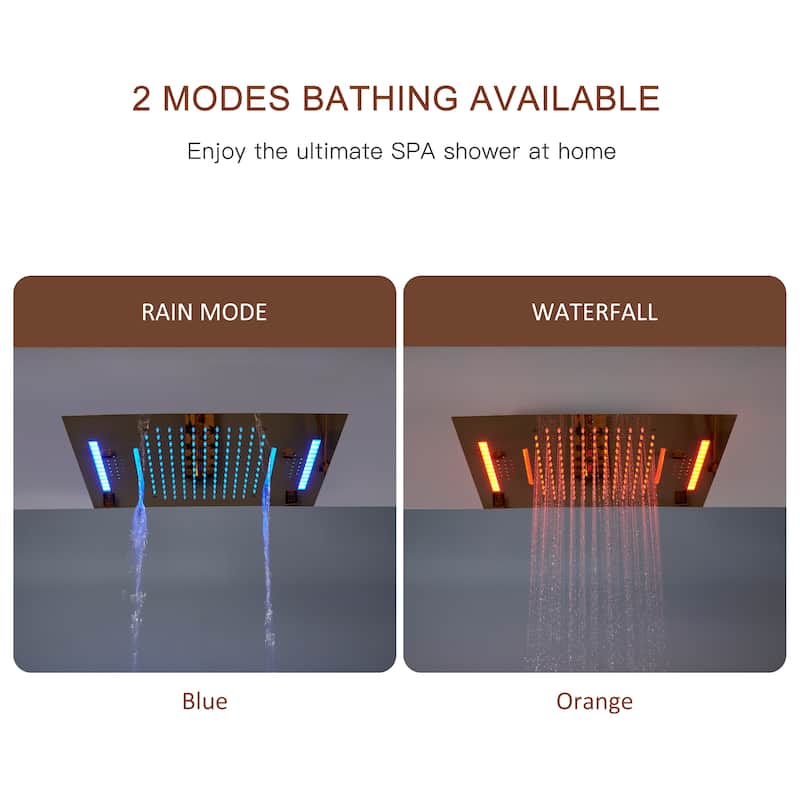 Luxury 4-Spray Patterns 23 in. Ceiling Mount Shower System with Handheld Shower Head, 6 Body Jets, LED, and Music - 15" x 23"