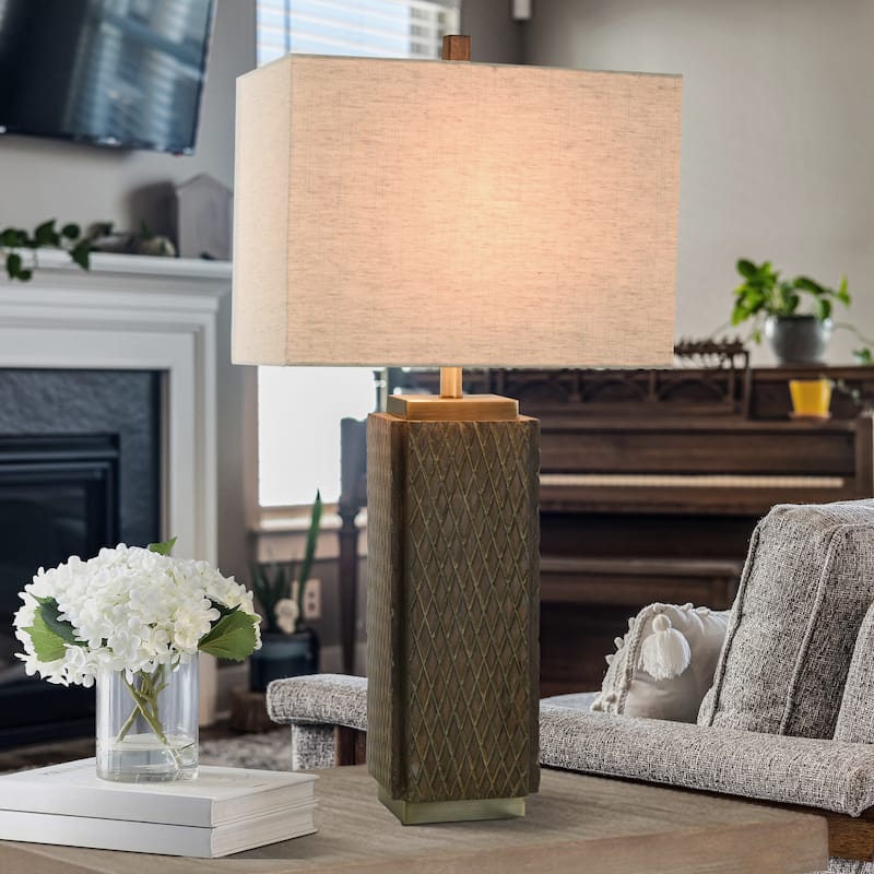 Sorrel Brown Table Lamp - Diamond Patterned Brushed Brown Body - Cream Shade