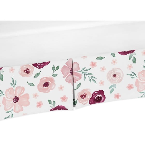 slide 1 of 1, Burgundy and Pink Watercolor Floral Girl Crib Bed Skirt - Blush Maroon Wine Rose Green and White Shabby Chic Flower Farmhouse